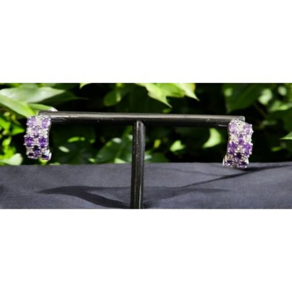 Vintage AVON Rhinestone and Amethyst Gemstone Small Stud Huggie Hoop Earrings - Picture 1 of 6